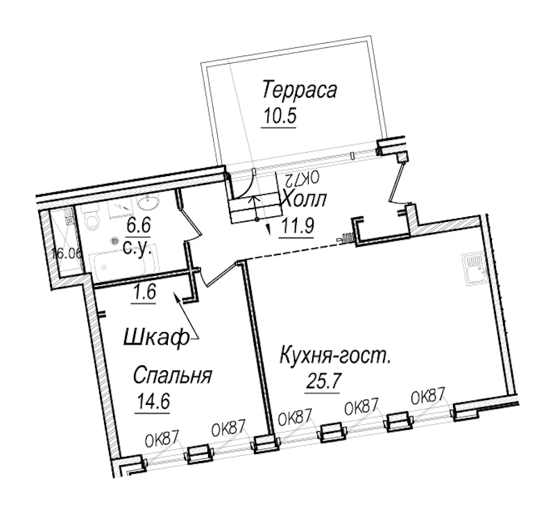 1-комнатная квартира 63.6 м², 6/7 эт., Комплекс апартаментов «Meltzer Hall»